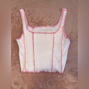 Womens White/ Pink Contrast Stitching Crop Ribbed Tank Top Size Small